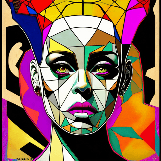 AI generated: geometric abstract portrait of Bride of Frankenstein, bright vibrant colorful, shepard fairey --aspe...