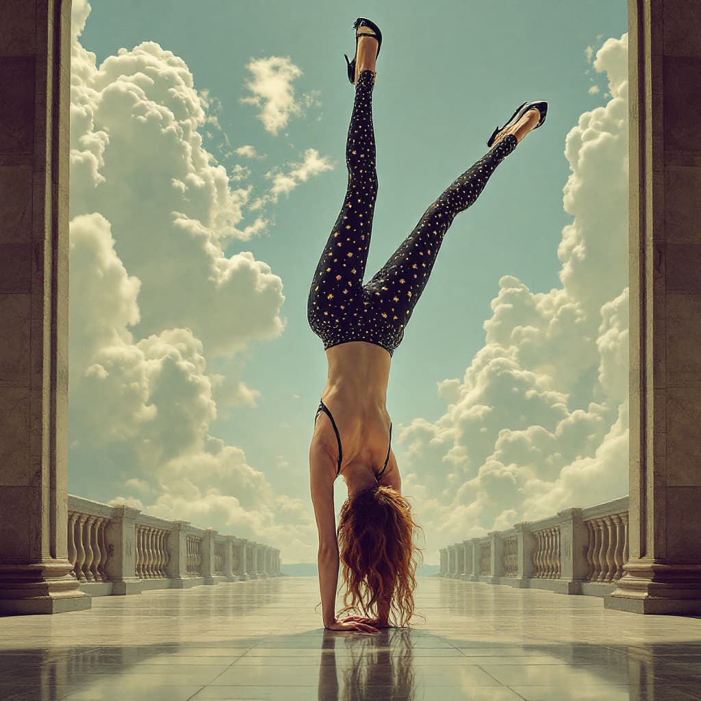 AI generated: arafed woman in high heels doing a handstand pose, arabesque, fantastic realism, by Storm Thorgerson...