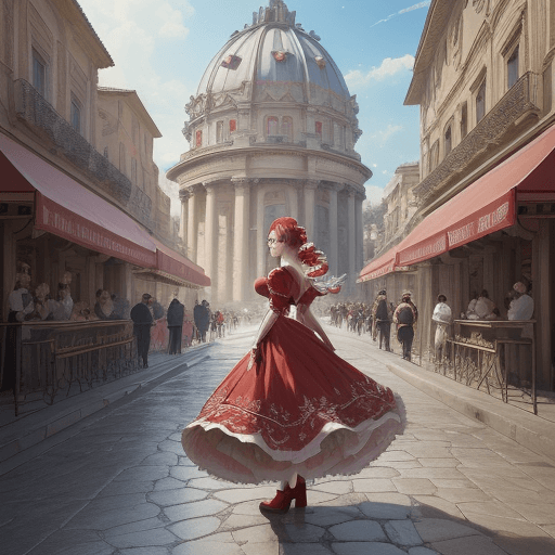 AI generated: mid shot, photography, masterpiece, a woman in a red and white dress walking down a street, inspired...