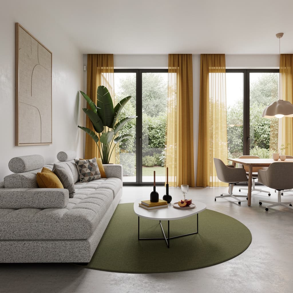 AI generated: ultra realistic luxury scandinavian modern open living room, long rectangular space extending to the...