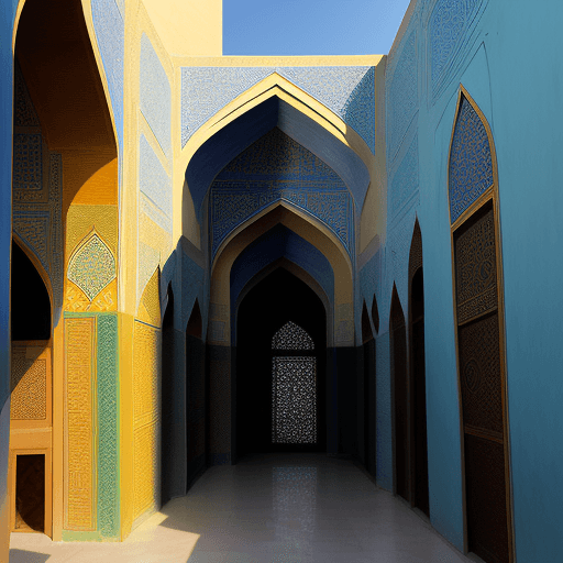 AI generated: A 3 floor building in Isfahan, a mosque, end of a small alley, at noon.