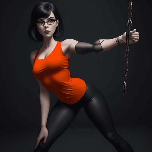 AI generated: velma from scooby-doo, beautiful charismatic girl, showing piercing, athletic body, a woman an orang...