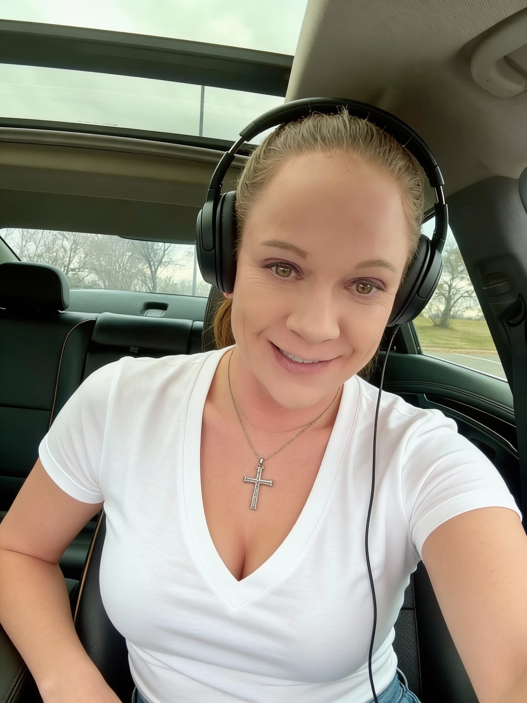 AI generated: white v neck shirt, cross necklace, alluring, headphones