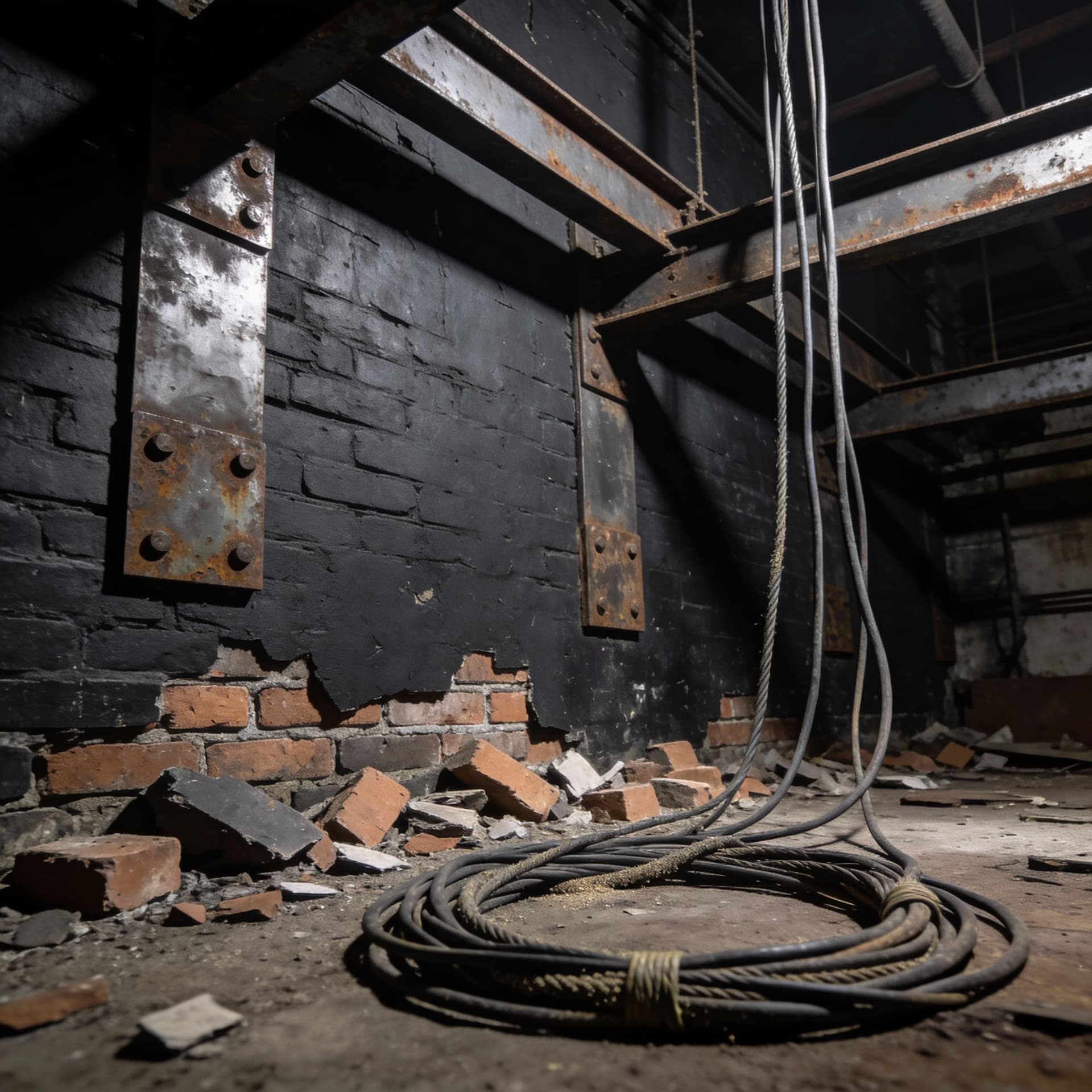 AI generated: BLACK WALL, BROKEN BRICKS, METAL, CABLE,