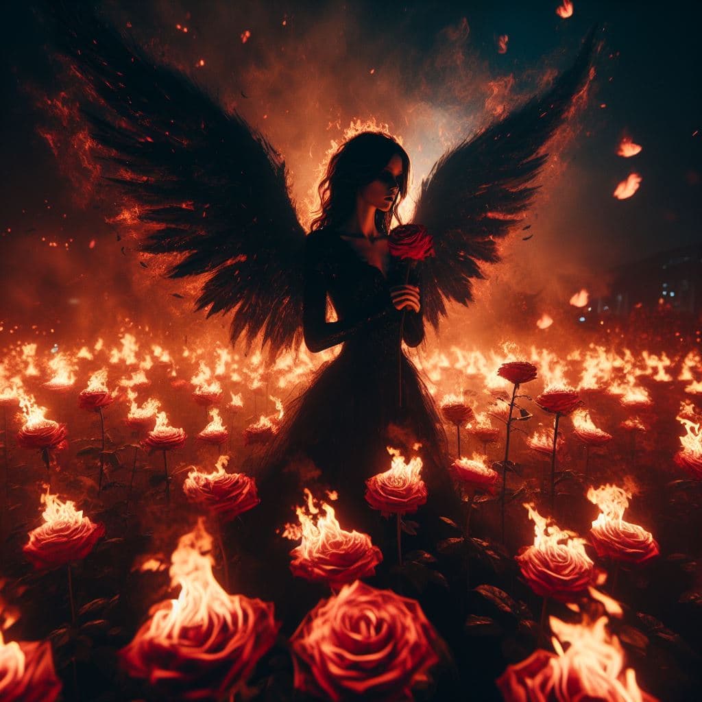 AI generated: horror-themed Radiant beautiful dark angel stands amidst a field of flaming roses at night, aglow wi...