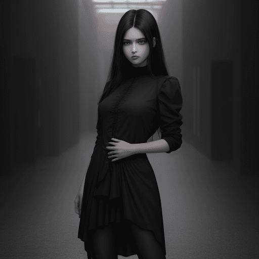 AI generated: woman, HD, high quality, realisitc, 8K, standing, looking at camera, black hair, dark clothes