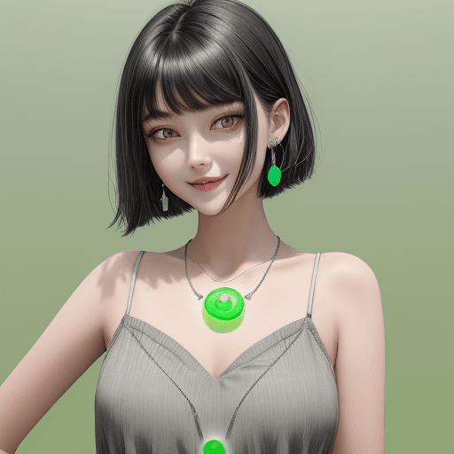 AI generated: a young lady with short greyish black hair posing with a green smiley face, in the style of hallyu, ...