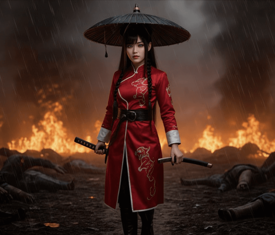 AI generated: HD hyper realistic zoomed out photo of a Chinese female warrior. She is walking toward the camera, s...