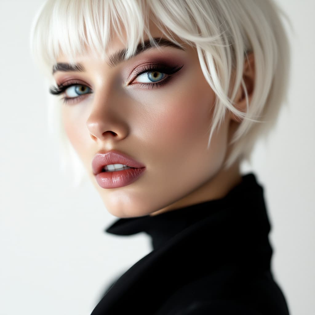 AI generated: A high-fashion editorial portrait of a woman with platinum blonde hair, in the style of modern fashi...