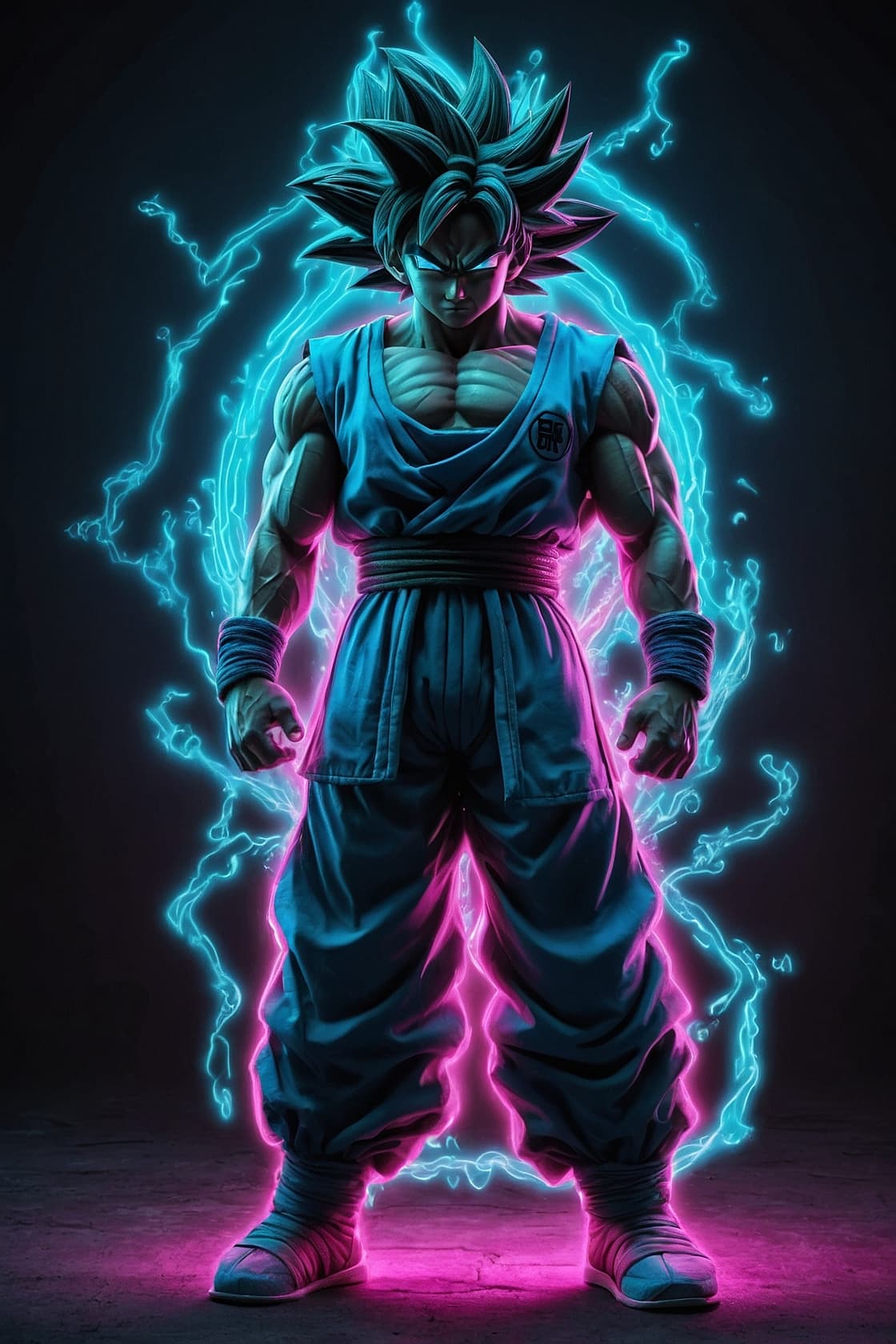 AI generated: Neon cyan outline and black full body Goku super syain, highly detailed, 8k sharp focus, photorealis...