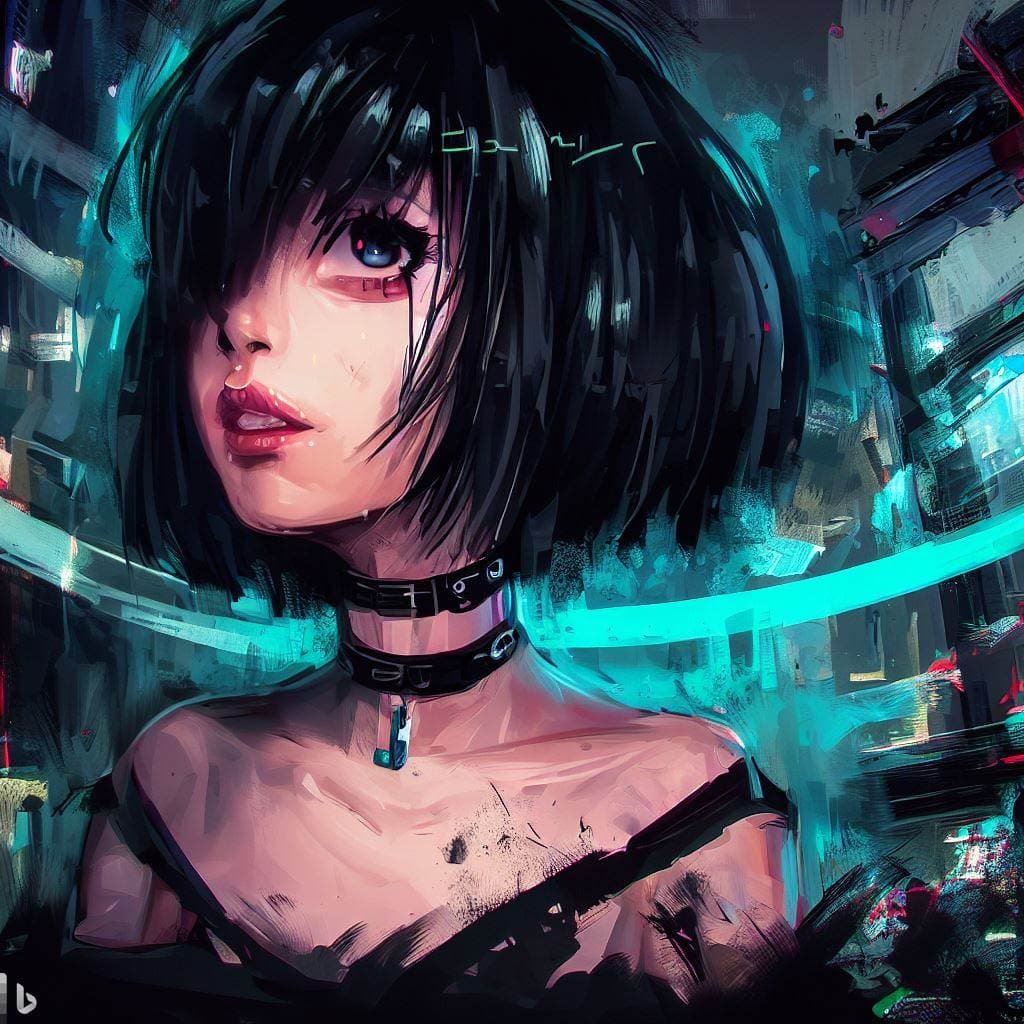 AI generated: masterpiece, best quality, highres, black hair, bob cut hair, 1girl, solo, looking at viewer, cyberp...