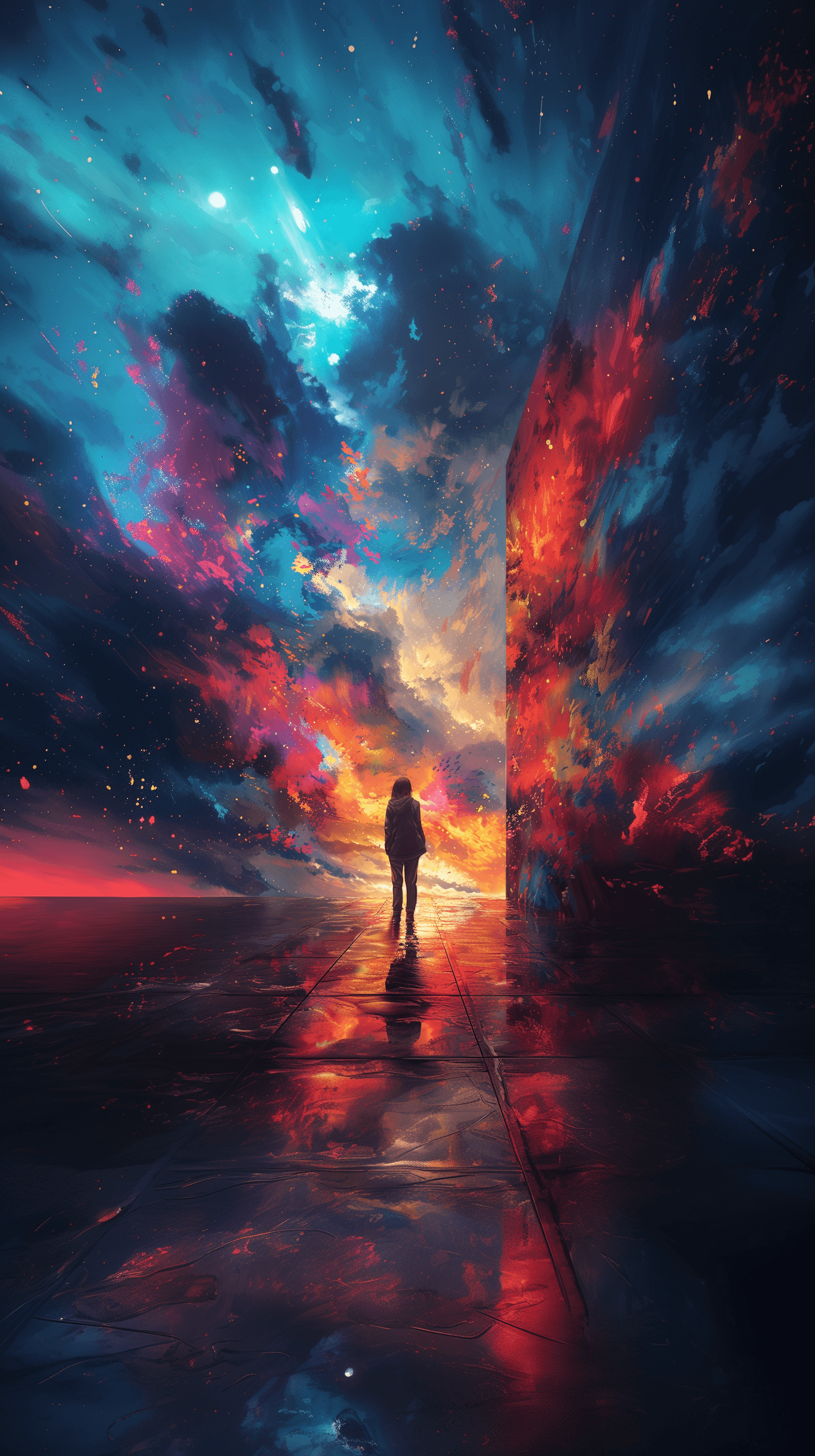 AI generated: illustration reflecting street art style, a lone figure, seen from the back, faces a vibrant, abstra...