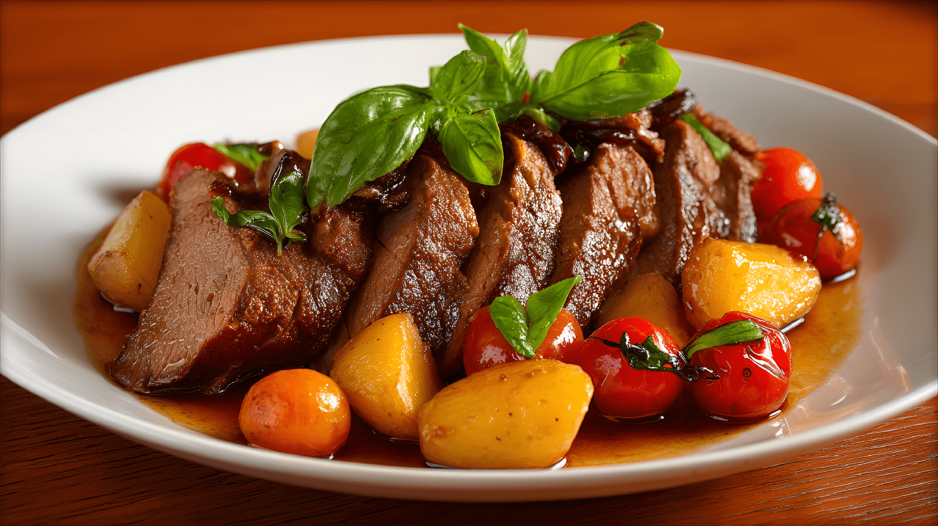 AI generated: plate of sliced roasted meat, garnished with roasted potatoes, cherry tomatoes, and fresh green lett...