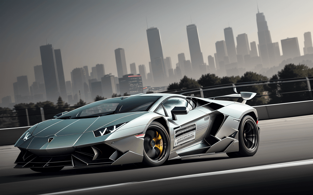 AI generated: professional photo of Lamborghini sports car in motion, tuned, need for speed, shiny metal, city in ...