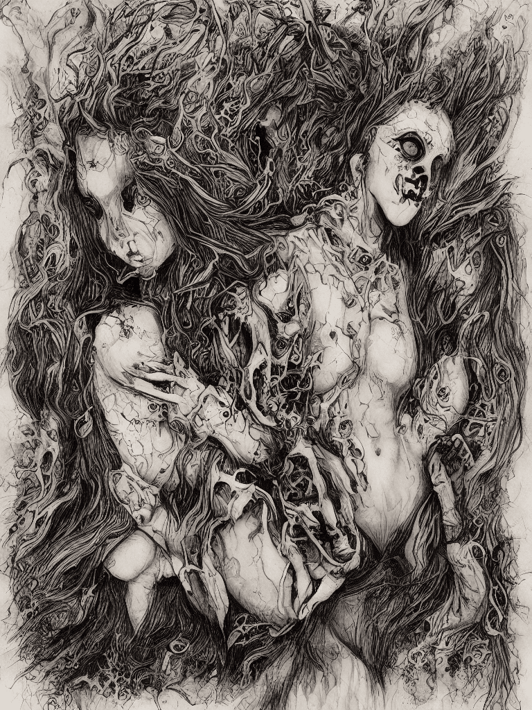 AI generated: woman being hugged from behind by an evil specter, horrifying, scary, fantastical colors, dark, horr...