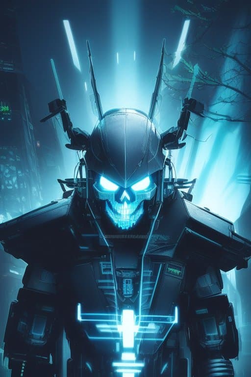AI generated: a professional photo of a (cyberpunk shaman:1.2) with shaman attributes and (scull mask:1.1), (mecha...
