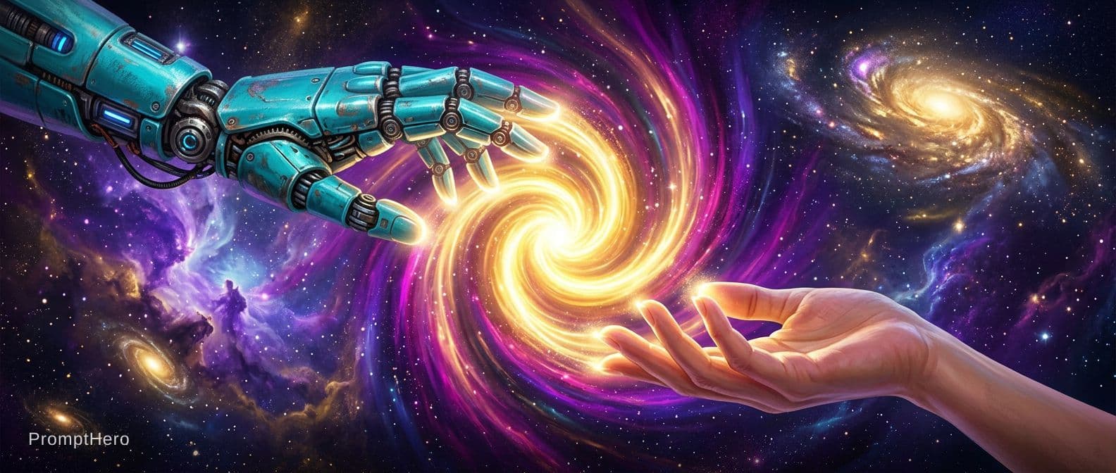 AI generated: 2 Hands. Hand 1: Robot hand, colour turquois metal, relaxed open, palm downward. Hand 2: Human, fema...
