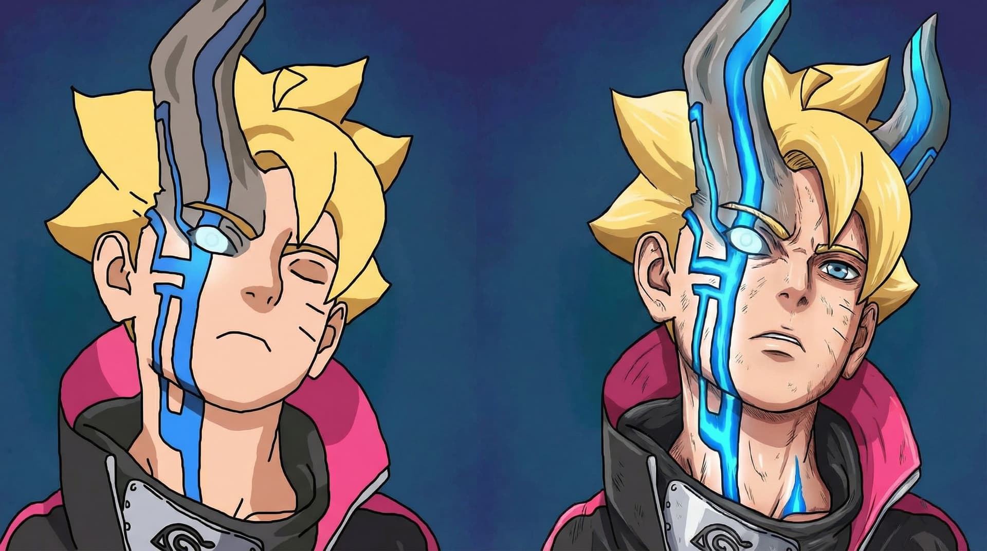 AI generated: boruto, 1boy, boruto, right two horns, face right line blue, anime, body details, skin details
