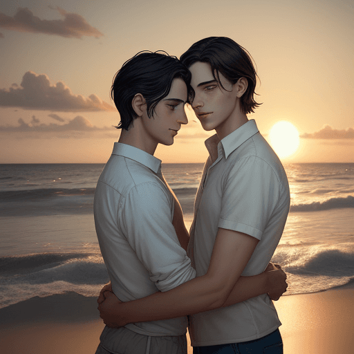 AI generated: two men, boys love, watching sunset in the seaside, couple,  Storybook illustration, has dark, tousl...