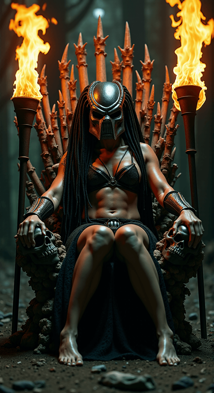 AI generated: Full-body shot from below of a (female Predator warrior) sitting relaxed with her (legs wide open) o...