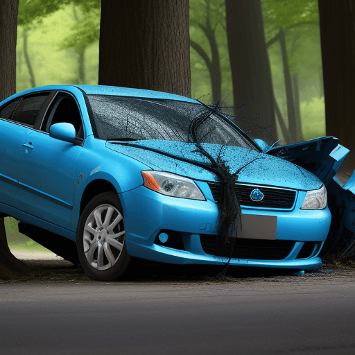 AI generated: blue car crashing against a tree