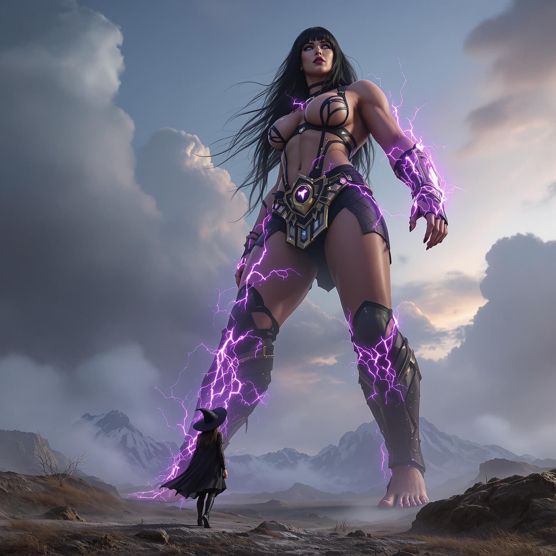 AI generated: enormous giantess female Rhea Ripley from WWE with black medium length hair and straight bangs, bigg...