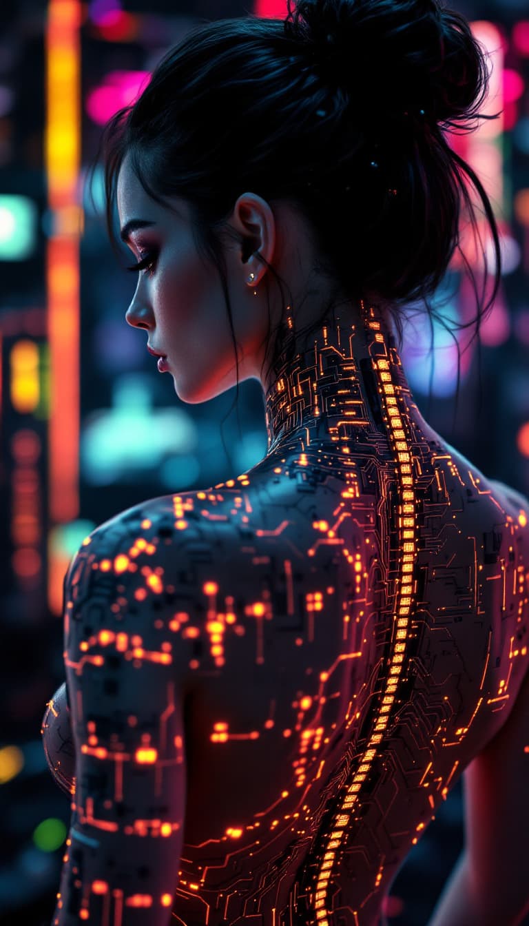 AI generated: Super detailed 8K Low-angle shot full-body portrait of a compelling female cyberpunk hacker, back tu...