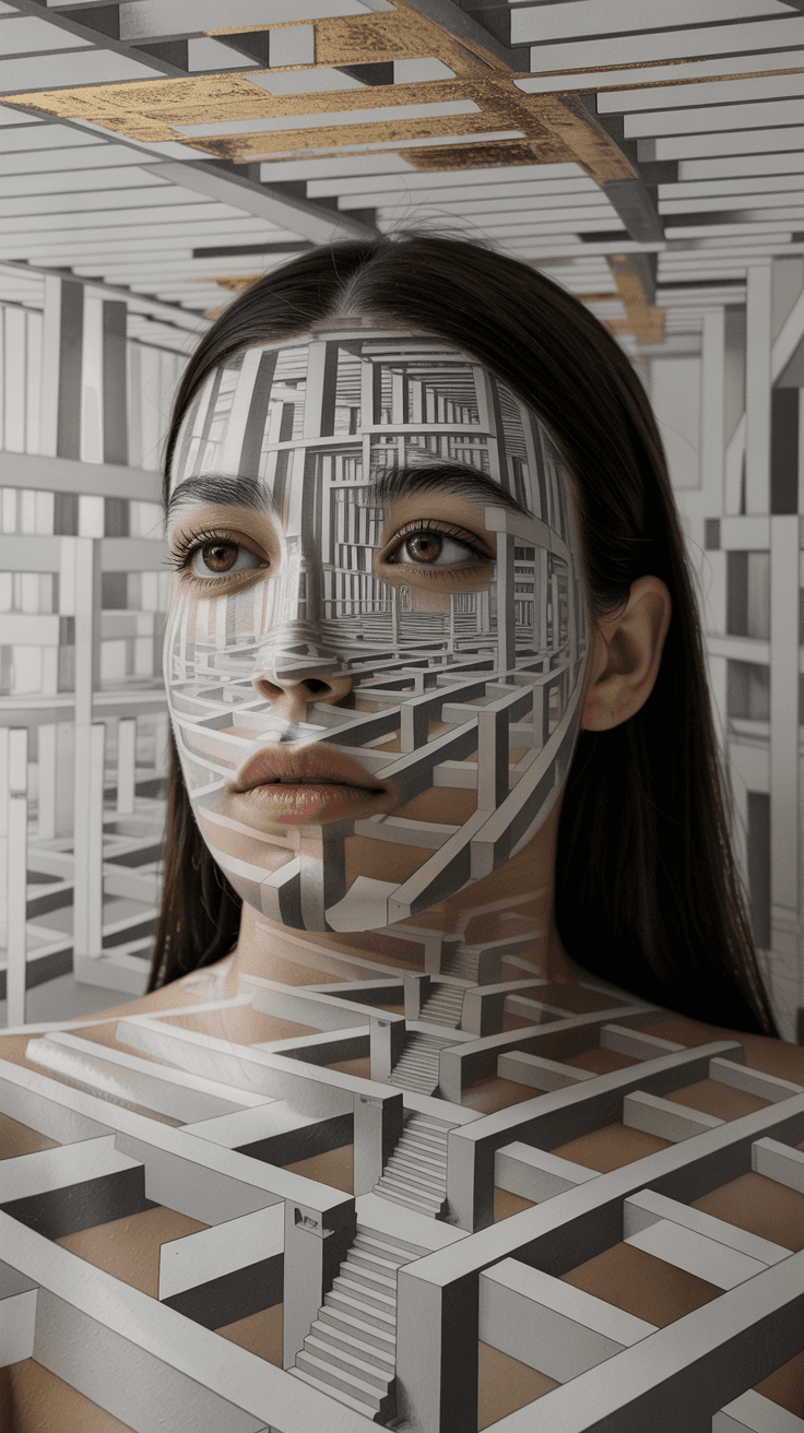 AI generated: Escher-style infinite universe on woman face,optical illusion, impossible geometry, monochrome palet...