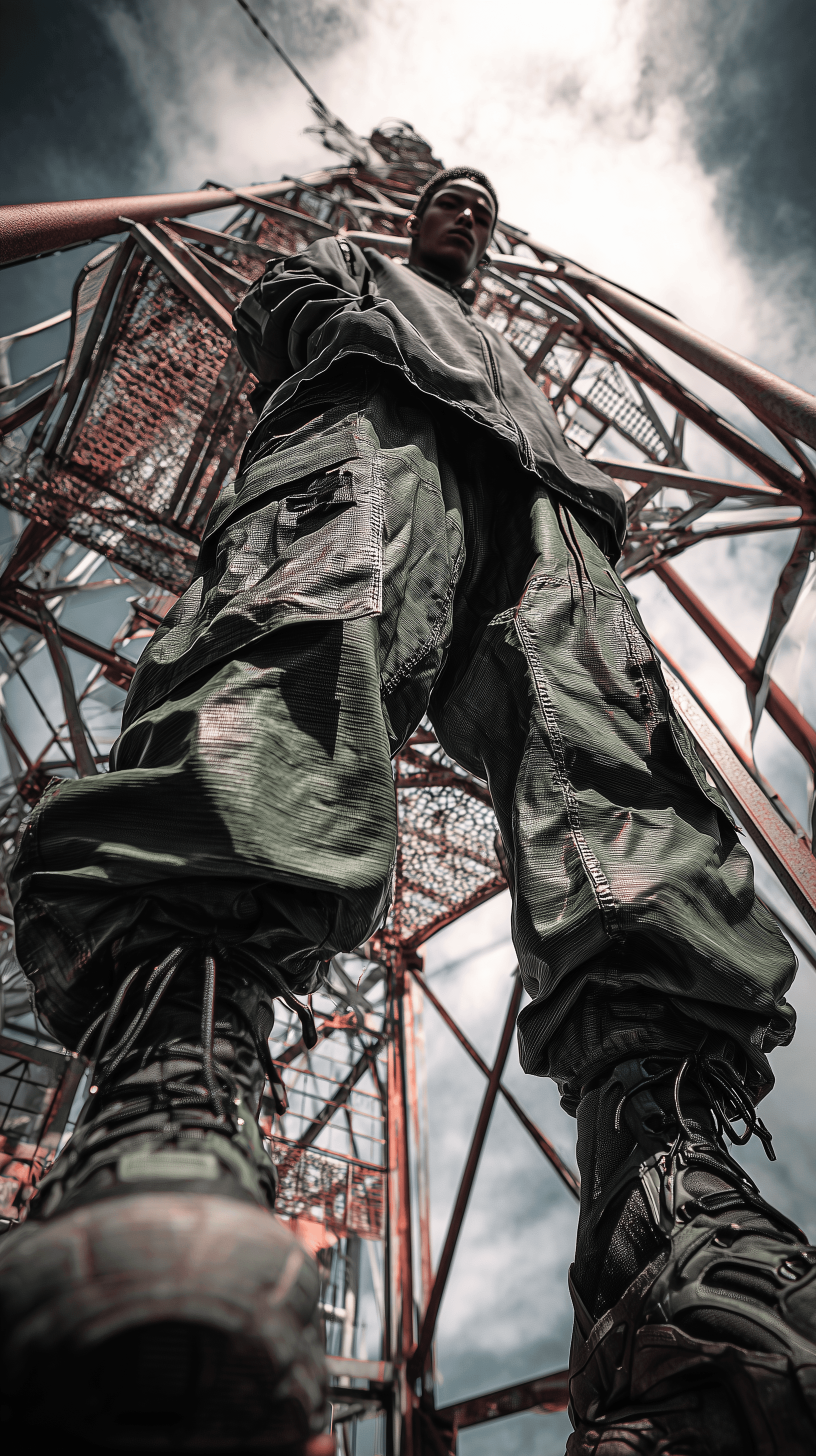 AI generated: photorealistic, wide angle, toe to head composition, distorted, street style of fashion, man model, ...