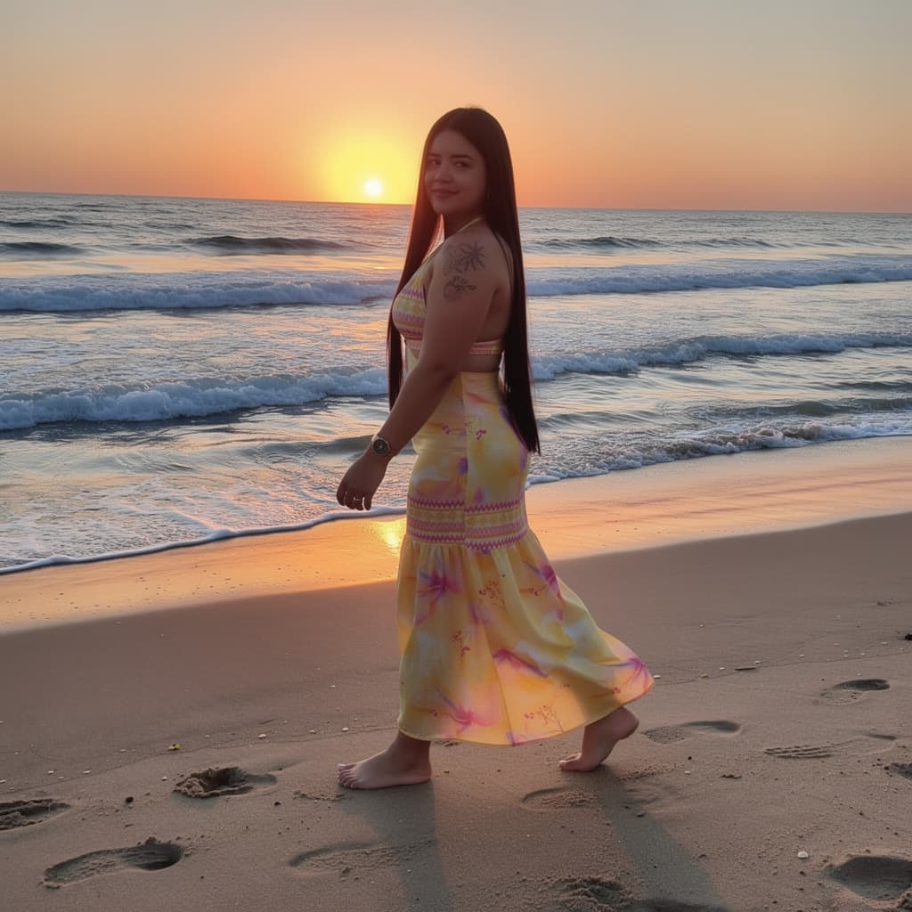 AI generated: mulher nua andando na praia ao por do sol