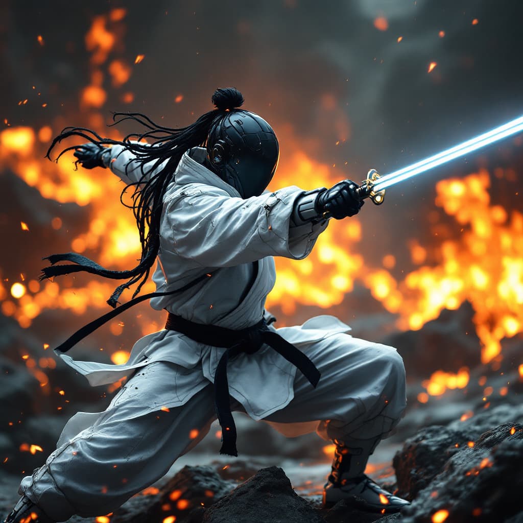 AI generated: Ultra high definition photography, futuristic black belt karate fighter, battle, full body, in the s...