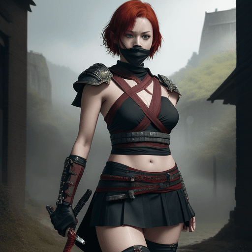 AI generated: Lowland girl, short red hair, full body, looking at the camera, ninja samurai, photorealism, dayligh...