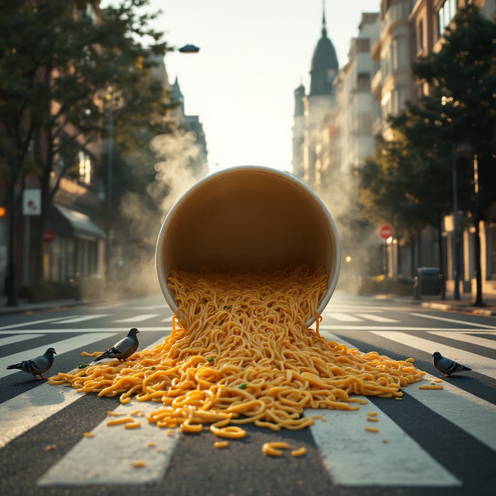 AI generated: Angled photography. A hyper-realistic, cinematic wide shot of a giant instant noodle cup tipped over...