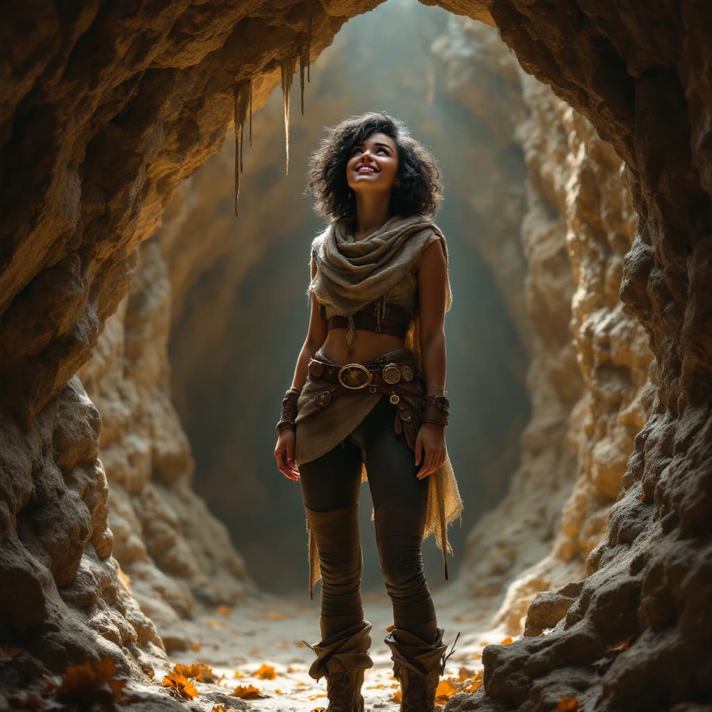 AI generated: a cute mixed race woman, wavy short hair,standing in a cave of hanging, wearing a cowl, large belt, ...