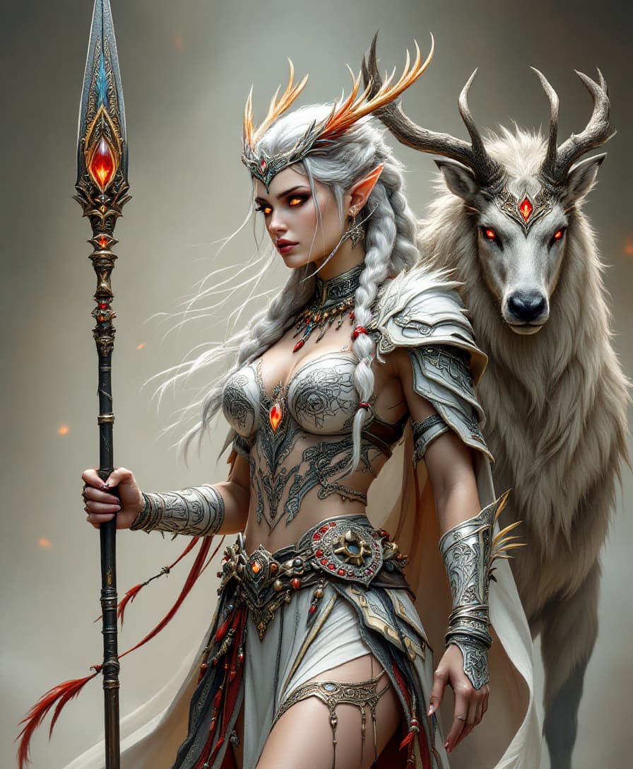 AI generated: A highly detailed and ethereal fantasy illustration of a fierce female elven warrior in full-body vi...