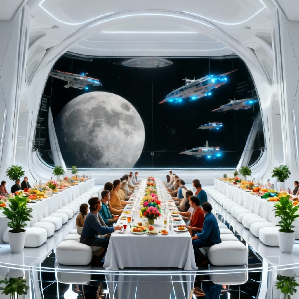 AI generated: 
Recreate the grand feast within the Great Futuristic Halls of the Empire.