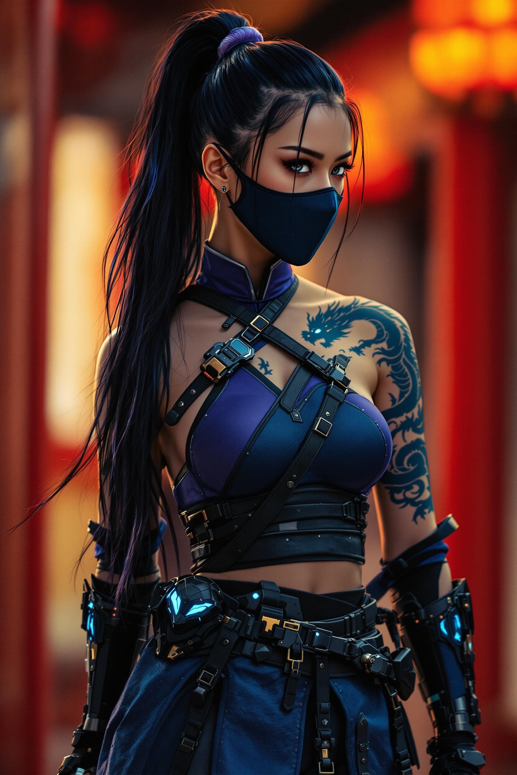 AI generated: A cinematic mid-body shot, focusing on a battle-hardened female warrior, captured from thigh to uppe...