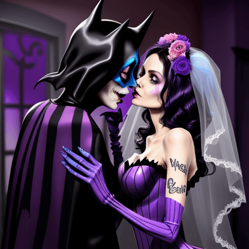 AI generated: michelle pfeiffer as a corpse bride in a pink,blue,purple,orange catwoman costume kisses beetlejuice...
