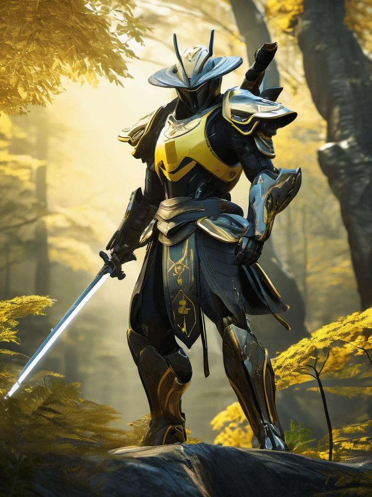 AI generated: Futuristic android robot Samurai, dressed in short robes and baggy pants, Yellow highlights, proud p...