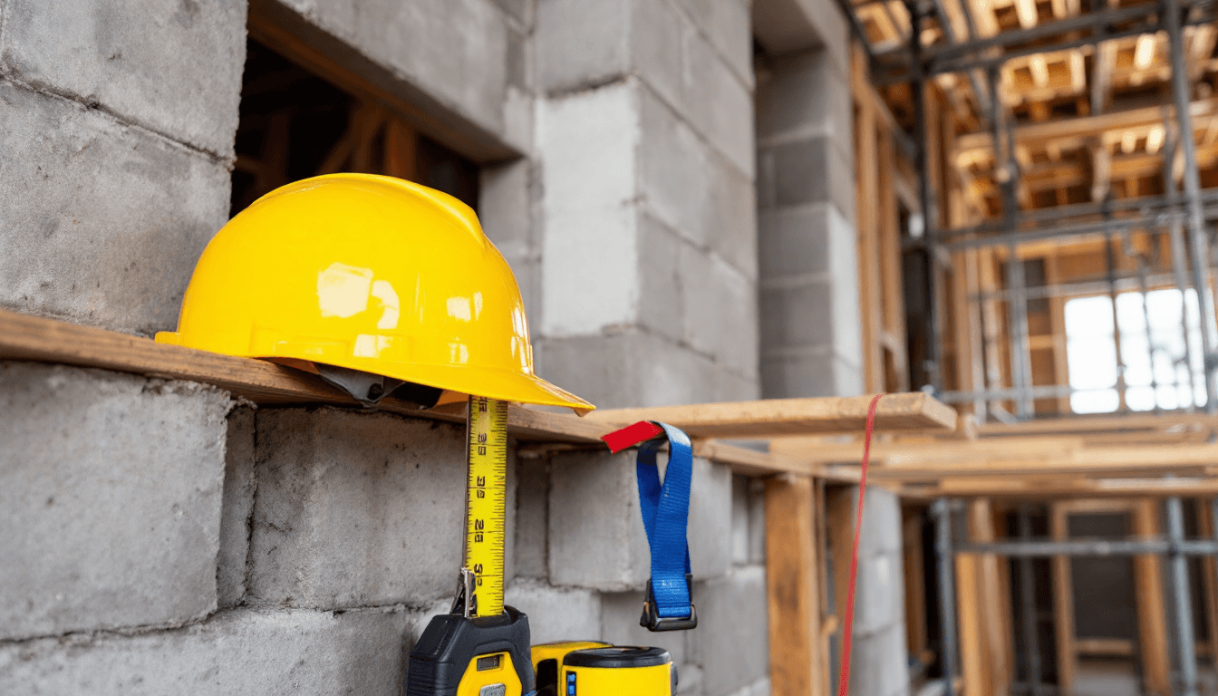 AI generated: A photograph of a construction site, featuring a yellow hard hat placed on a wooden plank, leaning a...
