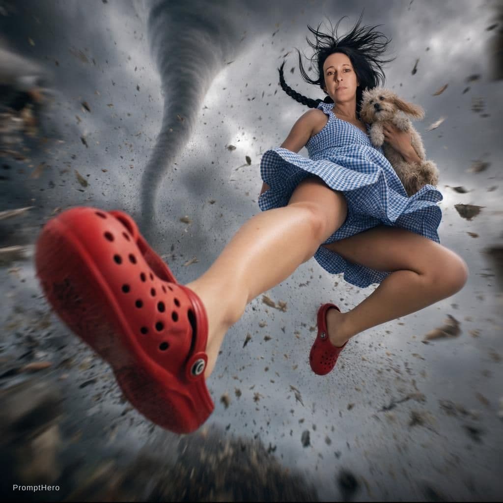 AI generated: {
  "scene": {
    "setting": "inside a swirling tornado",
    "mood": "dramatic and surreal",
 ...