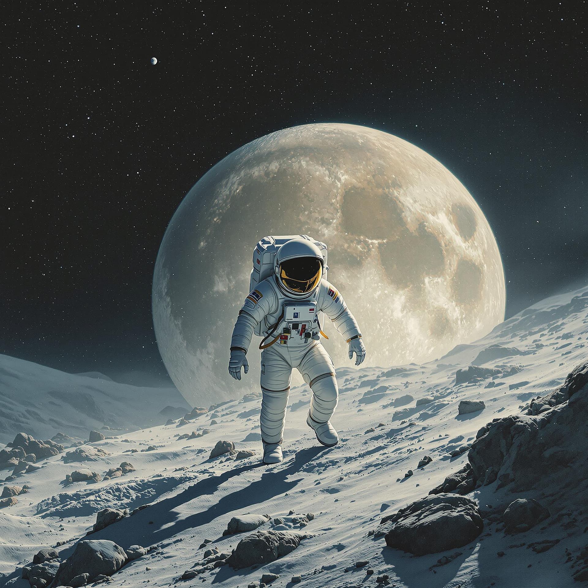 AI generated: Realistic image of Astronaut in the moon, cold color palette, muted colors, very detailed, sharp foc...