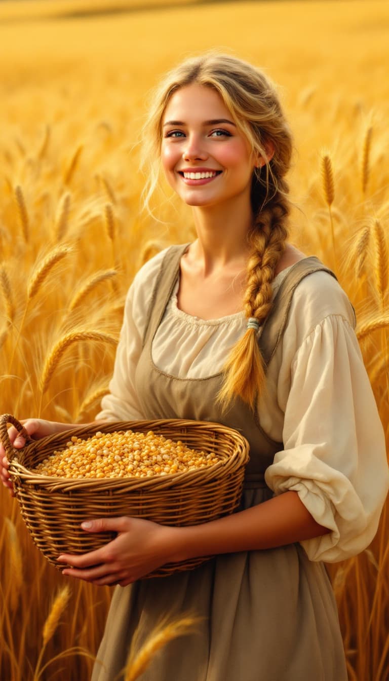 AI generated: A masterpiece oil painting. Against a warm, golden wheat field at harvest, a radiant young peasant w...