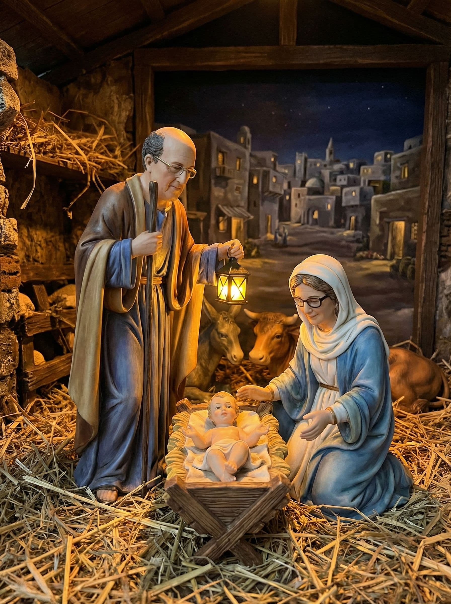 AI generated: take this couple and put like Jose in Maria in a nativity scene. they are figurines. keep the exact ...