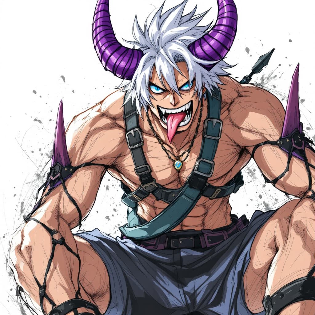 AI generated: white hair anime male with beautiful blue eyes wearing a harness and shorts. one piece art style. ro...