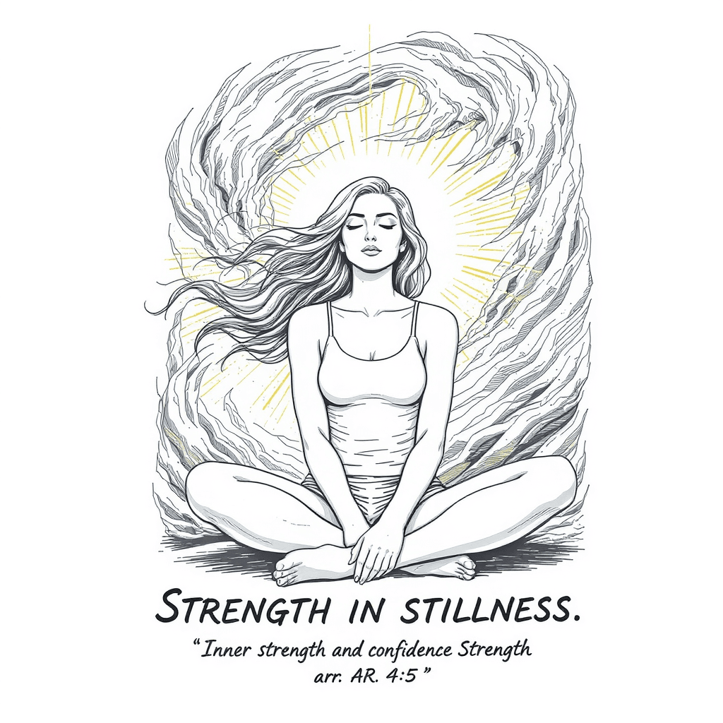 AI generated: powerful woman sitting with calm expression, surrounded by stormy winds and she rise anyway, glowing...