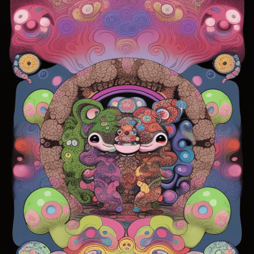 AI generated: cute smiling psychedelic creature ukiyo-e playing vr :: A super psychedelic party flyer with mushroo...
