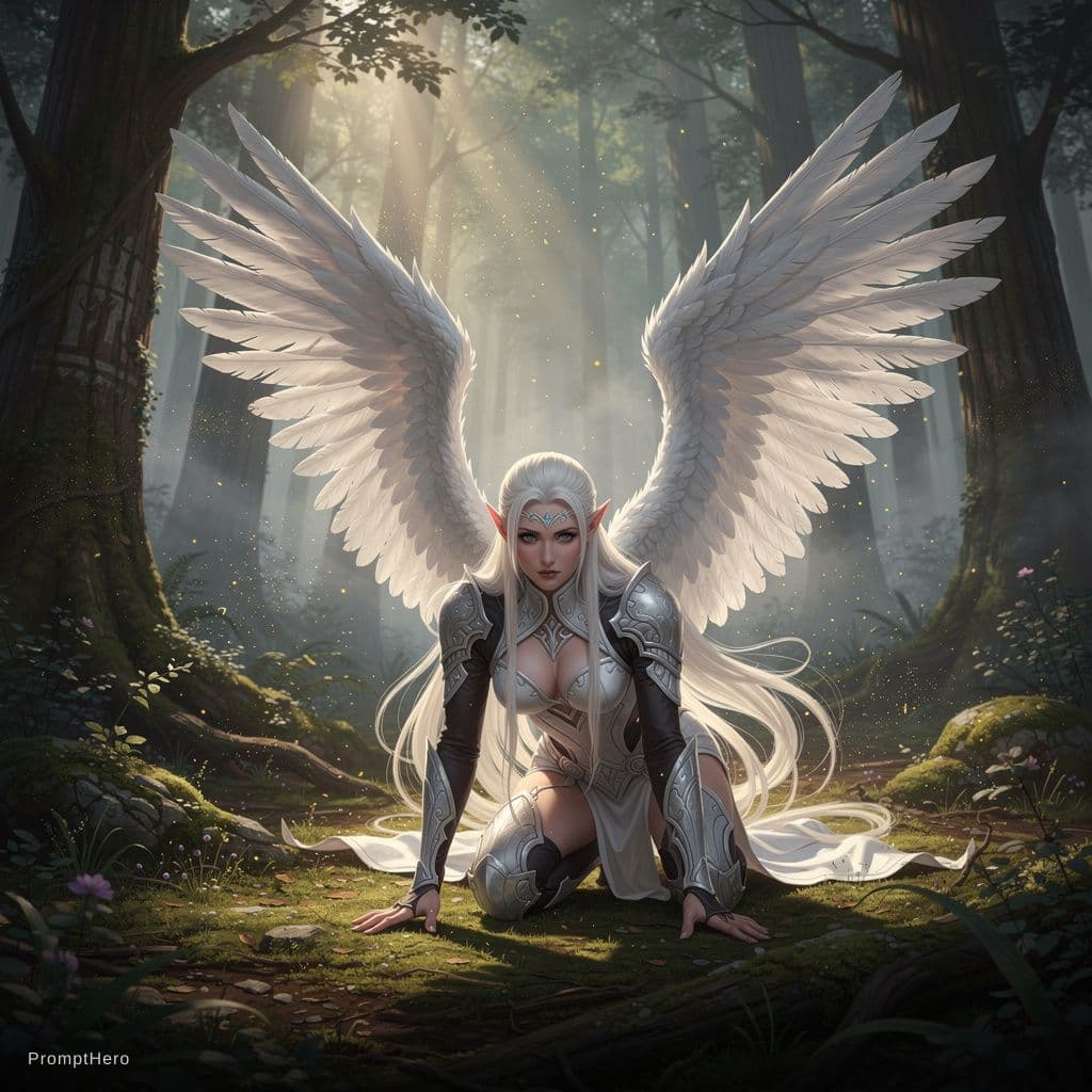 AI generated: an elf with long white hair on her hands and knees in a forest with her feathers open and bare