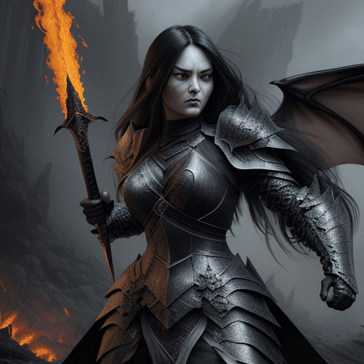 AI generated: Realistic women with black scary armor, Holding fire Sword,human face,long hair, perfectly detailed ...