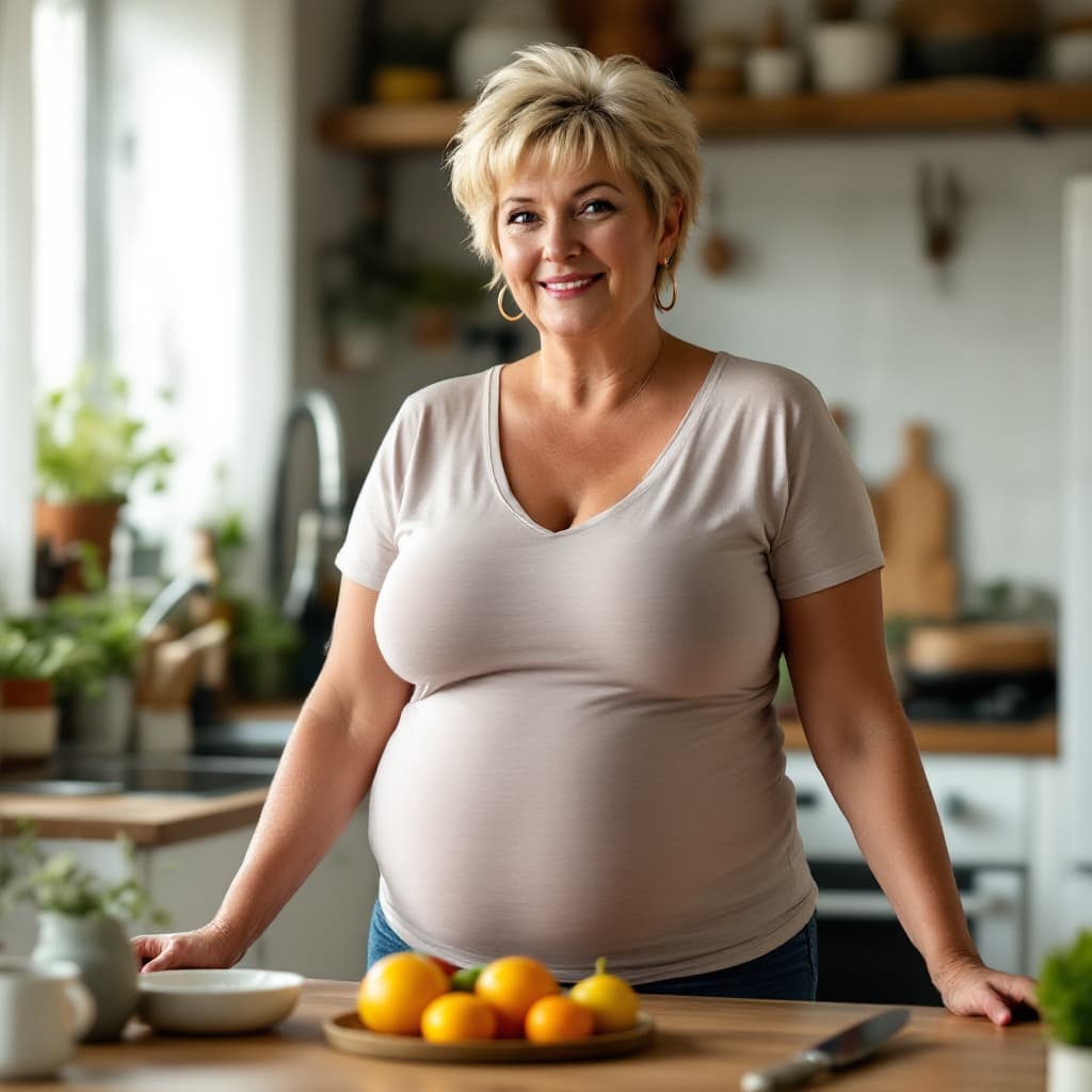 AI generated: 55 years old mature woman, voluptuous body, blonde pixie hair, wearing only Tshirt in the kitchen, f...